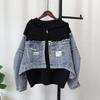 Hooded zipper splicing denim knitted double-sided cardigan autumn and winter new loose casual sweater jacket women