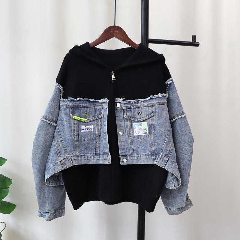 Hooded zipper splicing denim knitted double-sided cardigan autumn and winter new loose casual sweater jacket women