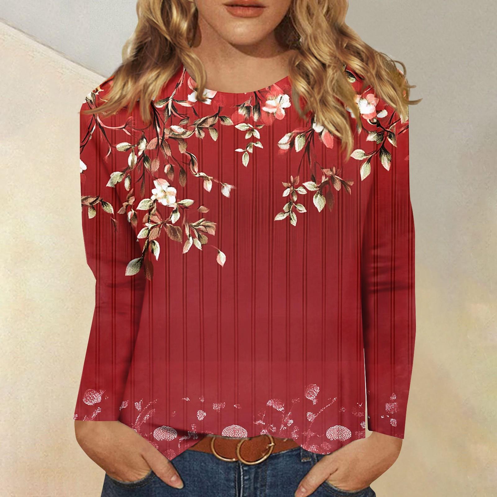 

Женская модная повседневная футболка с круглым вырезом и длинным рукавом с принтом, топ XL красный