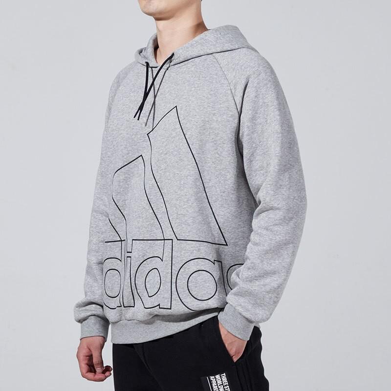 Adidas Big Logo Print Fleece-Lined Sports Knit Hoodie Men Tops Gray HB5091