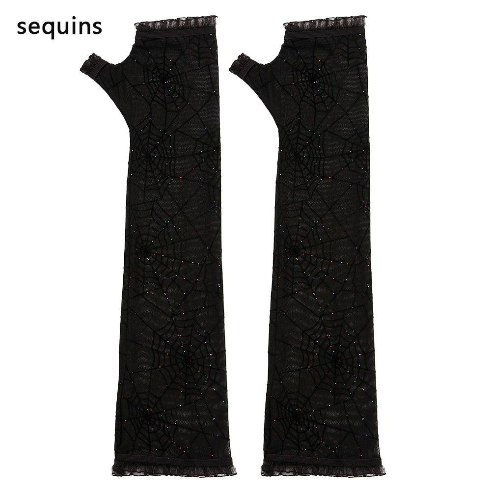 Fancy Dress Up Half Finger Spider Web Gothic Mittens Halloween Gloves Arm Sleeves Women Long Gloves