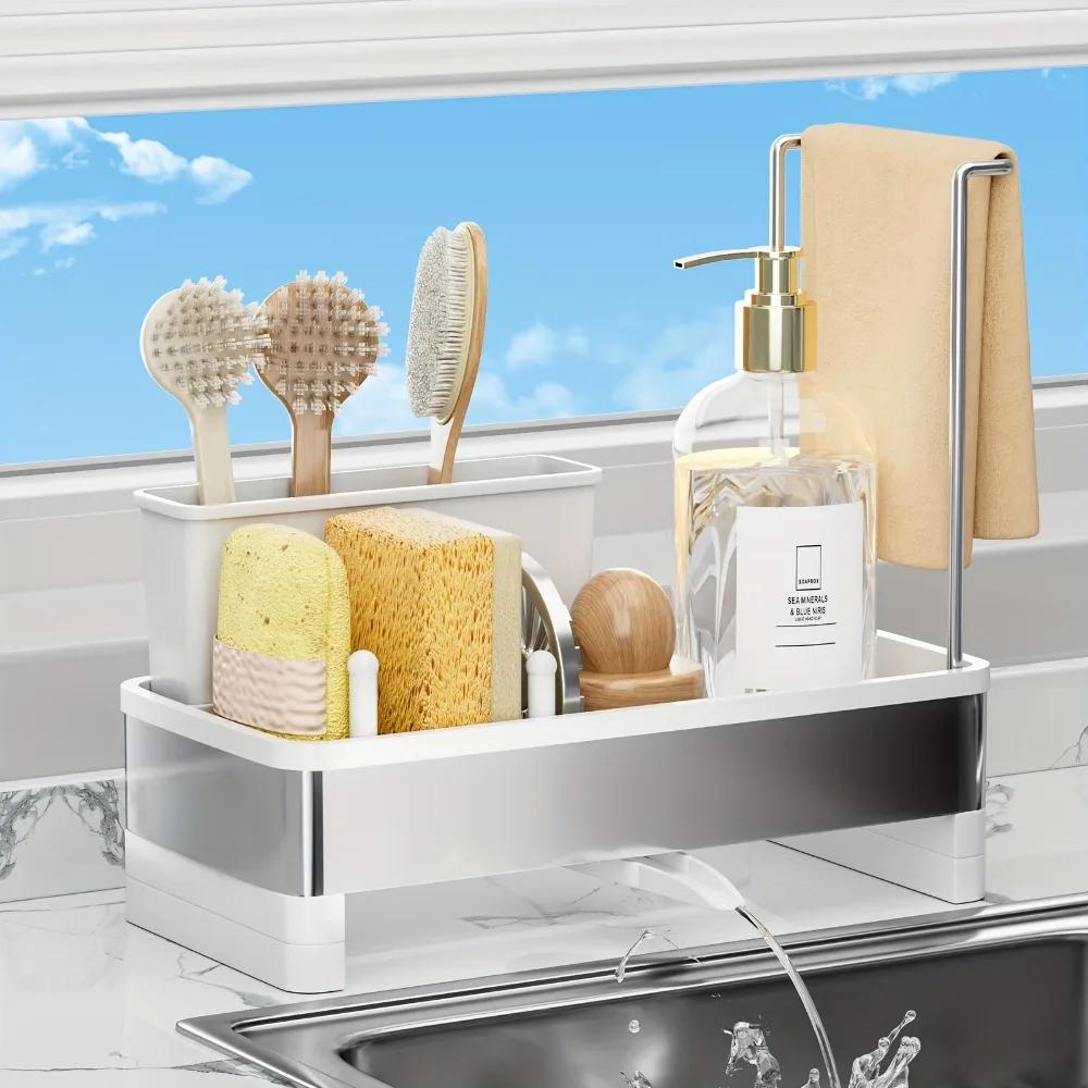 

Stainless Steel Sponge Rack with Drain Multi-Functional Kitchen Bath Storage Organizer for Cleaning Supplies Towels Brushes белый