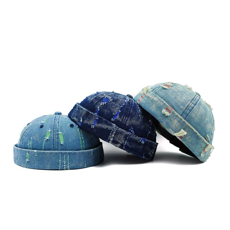 Tear Broken Denim Docker Cap Colorful Brimless Caps Without Visor Adjustable Cotton Polyester Hat Hats Outdoor Street Hip Hop