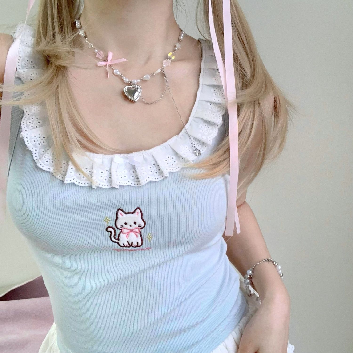 

Kawaii Sweet Harajuku Tanks Women Japanese Fashion Cute Bow Lace Patchwork Cat Embroidery Slim Tees Tops Summer Y2k S