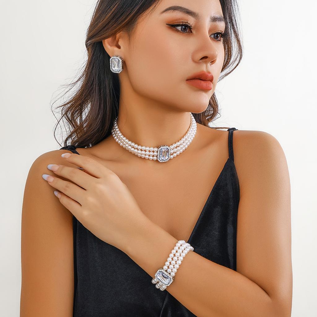 3Pcs/Set Multilayer Imitation Zircon Chain Necklace Bracelet for Women Wedding Bridal Goth Stud Earrings Zircon Set Accessories