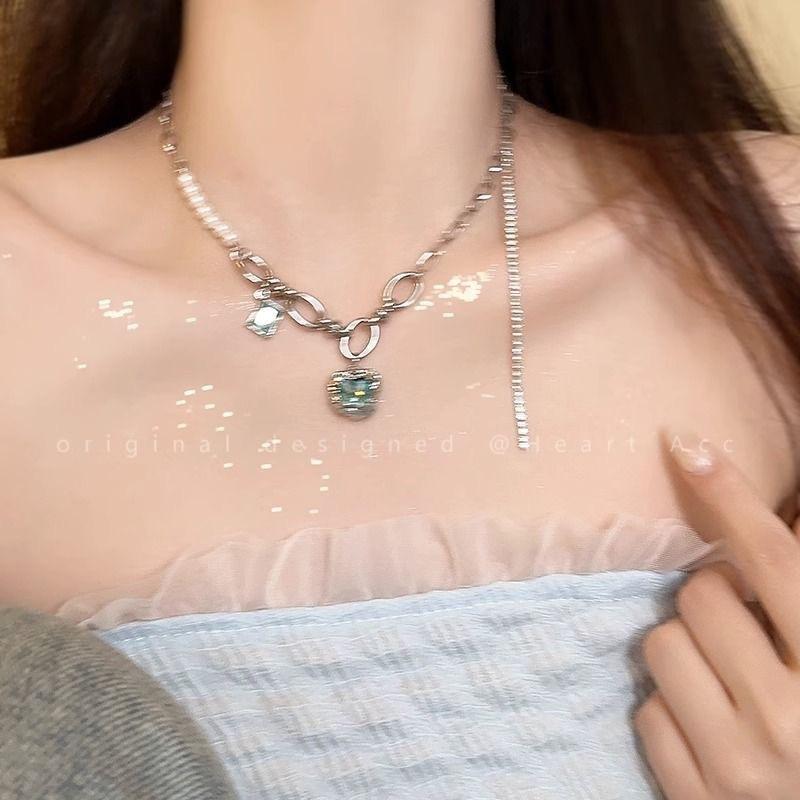 Mint sea blue love zircon necklace female design sense niche ins versatile pure desire wind senior collarbone chain female
