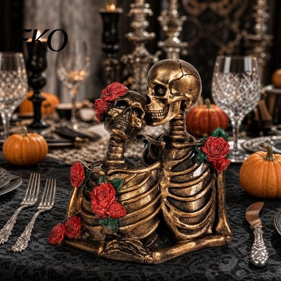 Halloween Couple Statue Gothic Skeleton Figurine, Vintage Kissing Resin Statue, Red Rose Decoration Sculpture for Holiday Party