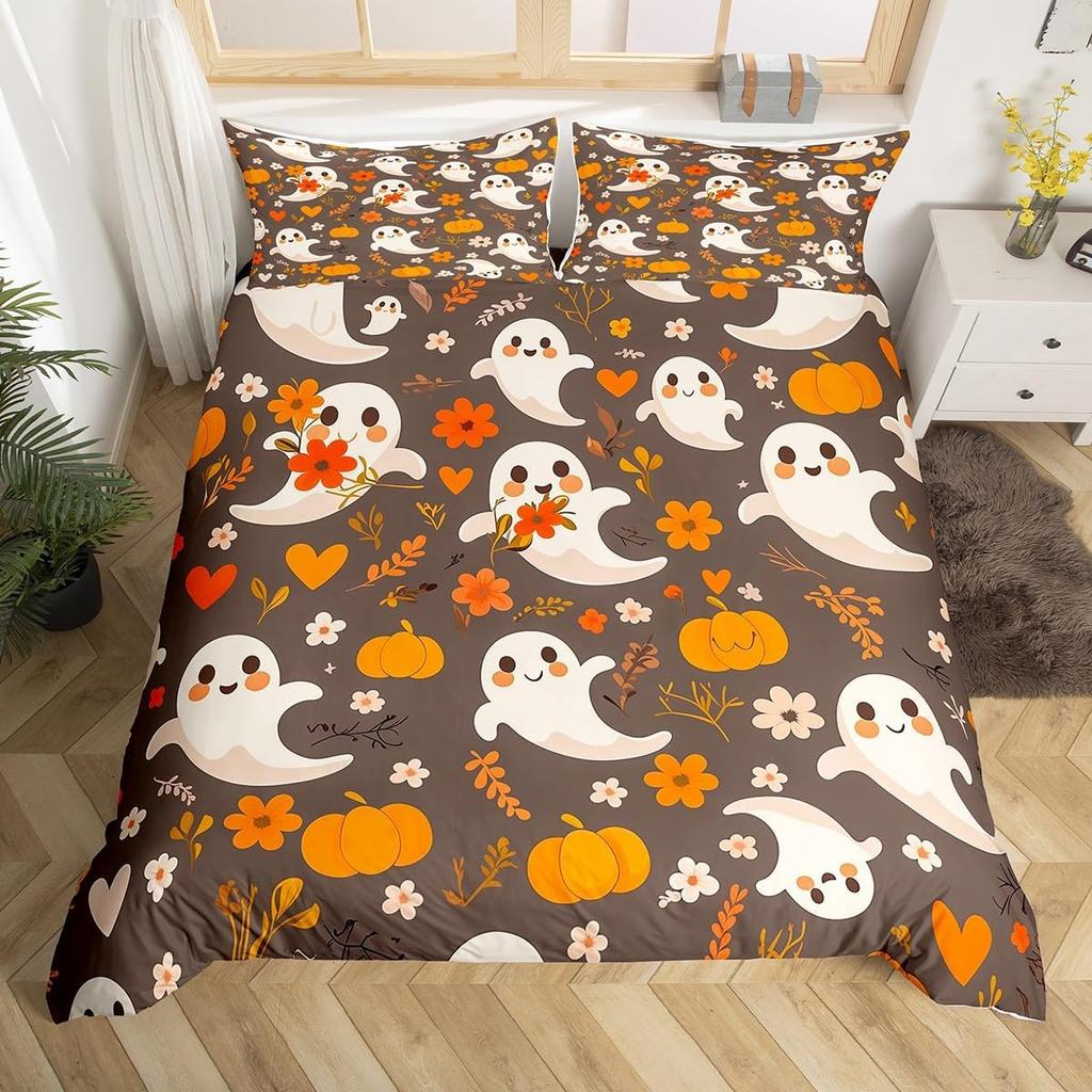 Cartoon Ghost Duvet Cover Scary Halloween Theme Bedding Set Spooky Pumpkin Comforter Cover Skull Skeleton Bed Cover Twin Queen