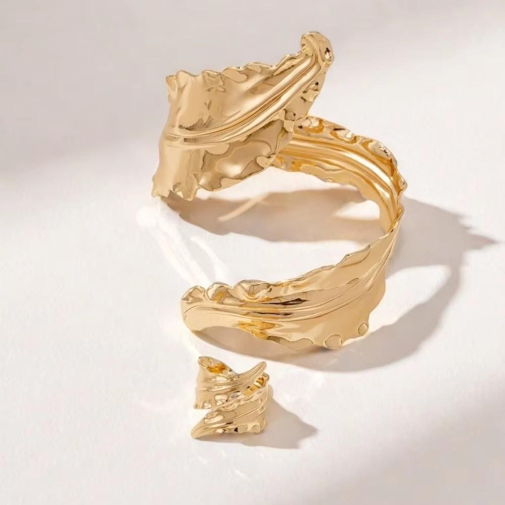 Spiral Opening Pleated Leaf Bracelet Gold Jewelry Accessories 2025 Ring Set  For Women Girls