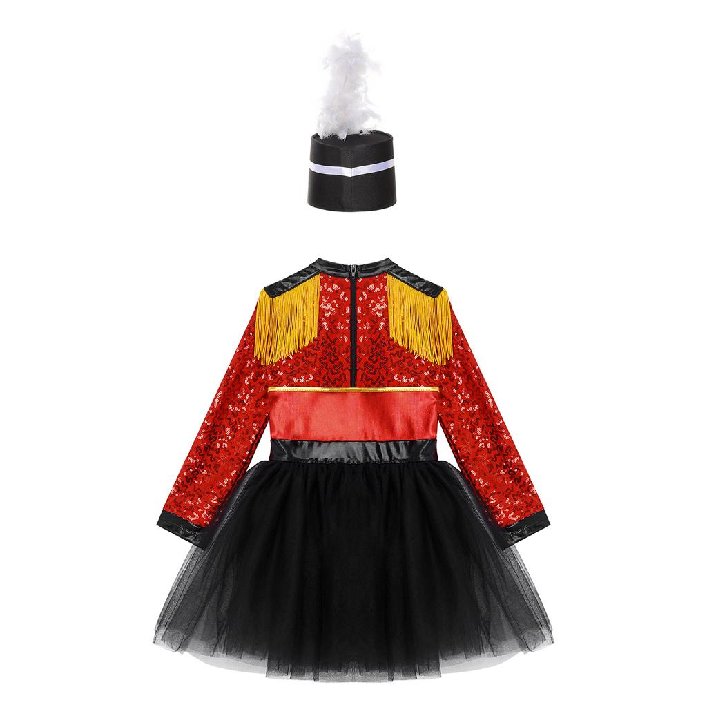 Kids Honor Guard Costume Long Sleeve Tassel Shoulder Zipper Tutu Leotard Feather Hat Ceremonial Dress Up Outfit