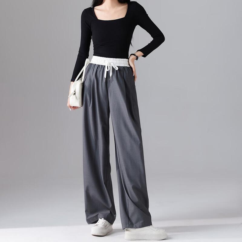 Demana Women's Spring Elastic Waist Color Block Barrel-Leg Pants