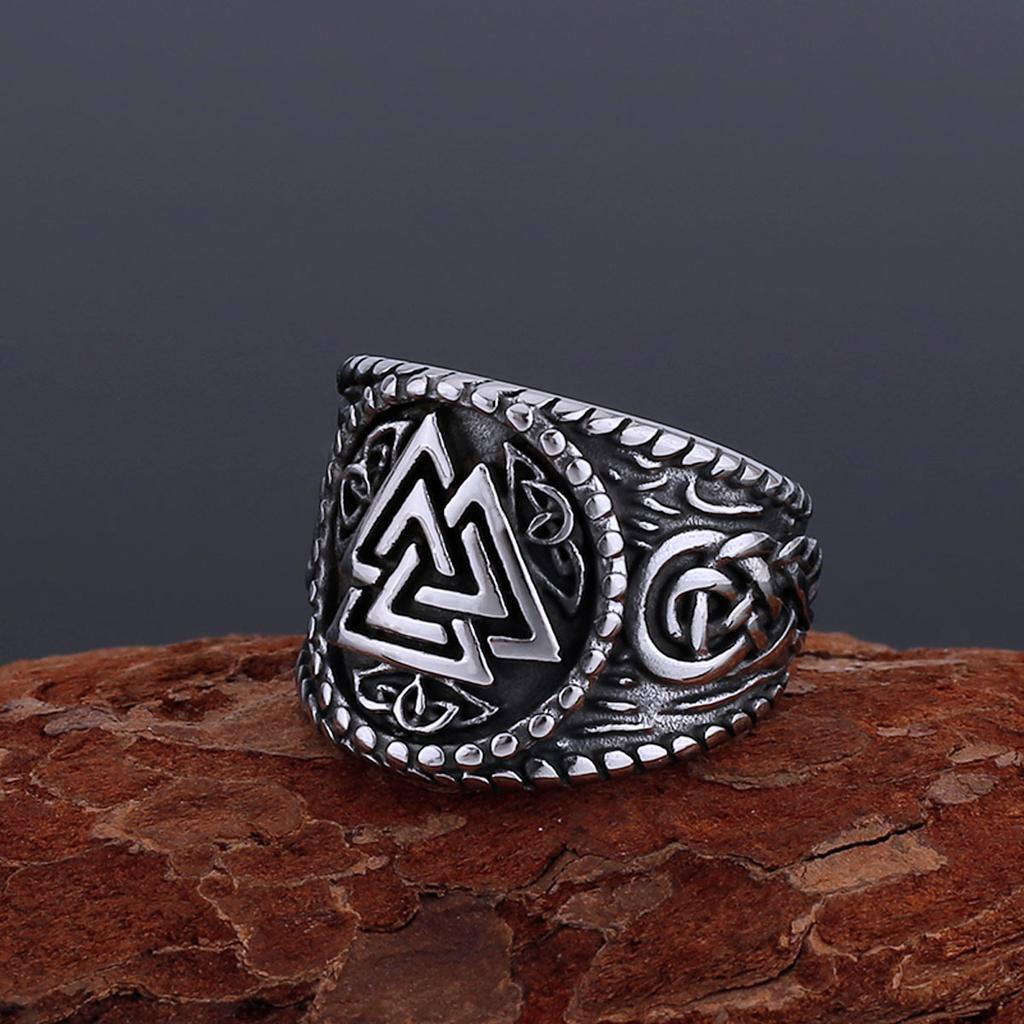 Stainless Steel Nordic Odin Valknut Ring Scandinavian Celts Knot Raven Amulet Jewelry Gift for Men Women