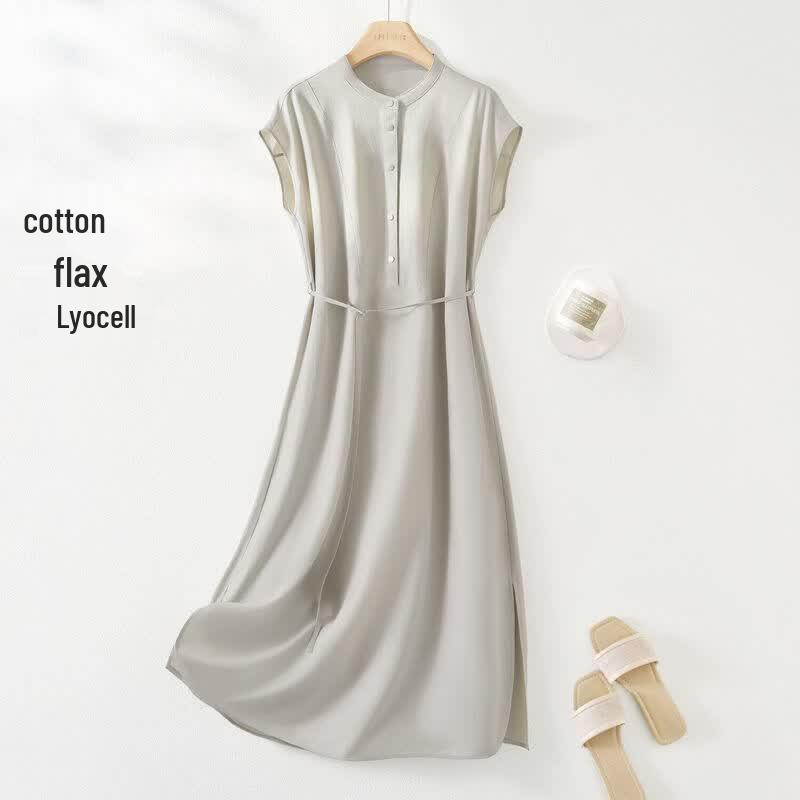 IHIMI Lyocell-Linen Look Tie-Waist Shirt Dress S