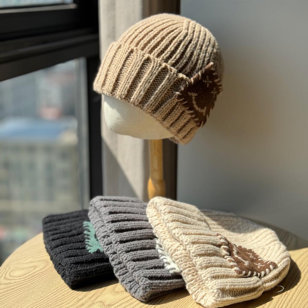 Smiley Face Patch Woolen Hat for Men and Women In Autumn and Winter Warm and Versatile   Small Knitted Hat with Face Ear Protection Cold Hat