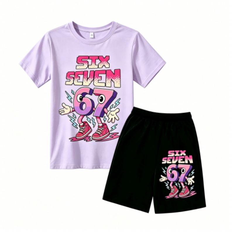 Fashion Cartoon 67 Graphic Print Outdoor Street Kids T-shirt and Shorts Summer Home Casual Outfit Boy and Girl's Sports Set