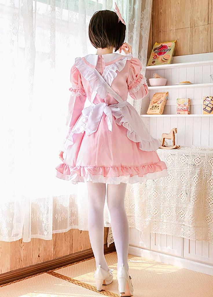 [Milky Time] Maid Outfit, Choice of Colors, Short or Long Sleeves, 2-Way Design, Maid Cosplay, Halloween (Pink, XL)