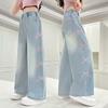 Girls' Side Pink Bow Embroidered Wide-leg Pants Summer Thin Style Slim Straight Pants Suitable for Outdoor