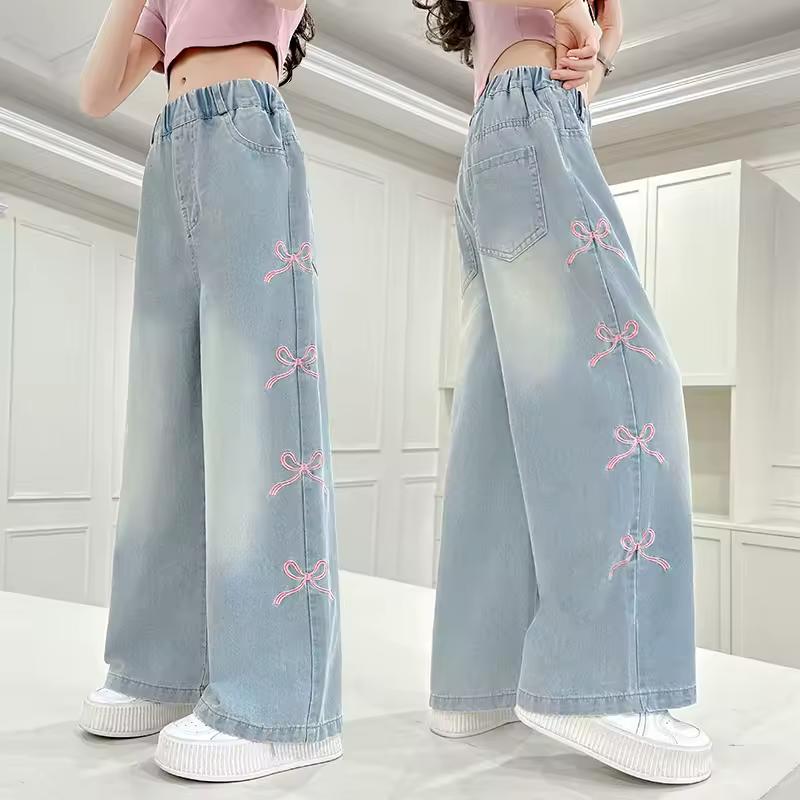Girls' Side Pink Bow Embroidered Wide-leg Pants Summer Thin Style Slim Straight Pants Suitable for Outdoor