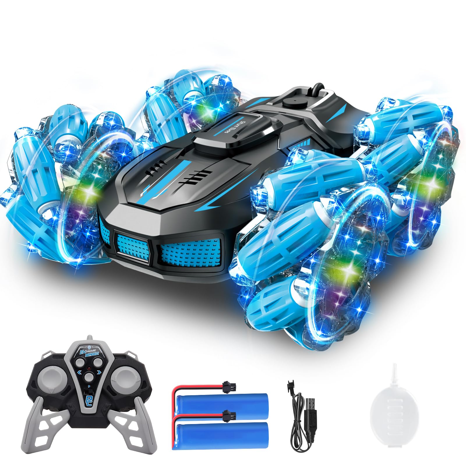 

Stunt Toy RC Car DEERC 4WD Driving Drift USB Rechargeable 360 Degree Rotation RC Car 50 Minutes of Operation Time LED Lights Music Function Boys синий