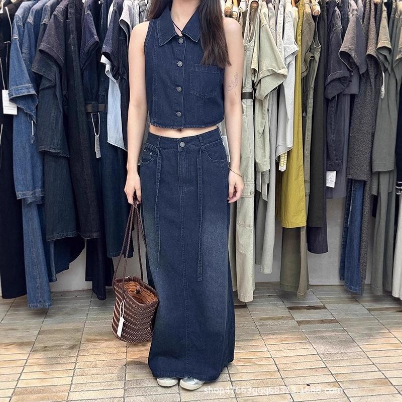 1116 Summer New Hong Kong Style Retro Vest Vest Top Women's High Waist Straight Denim Skirt Two-piece Set