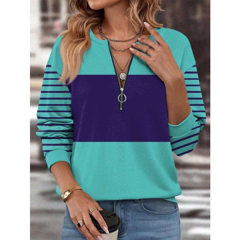 Women's elegant printed zipper long-sleeved top, stylish and versatile for autumn and winter casual and office wear, machine washable