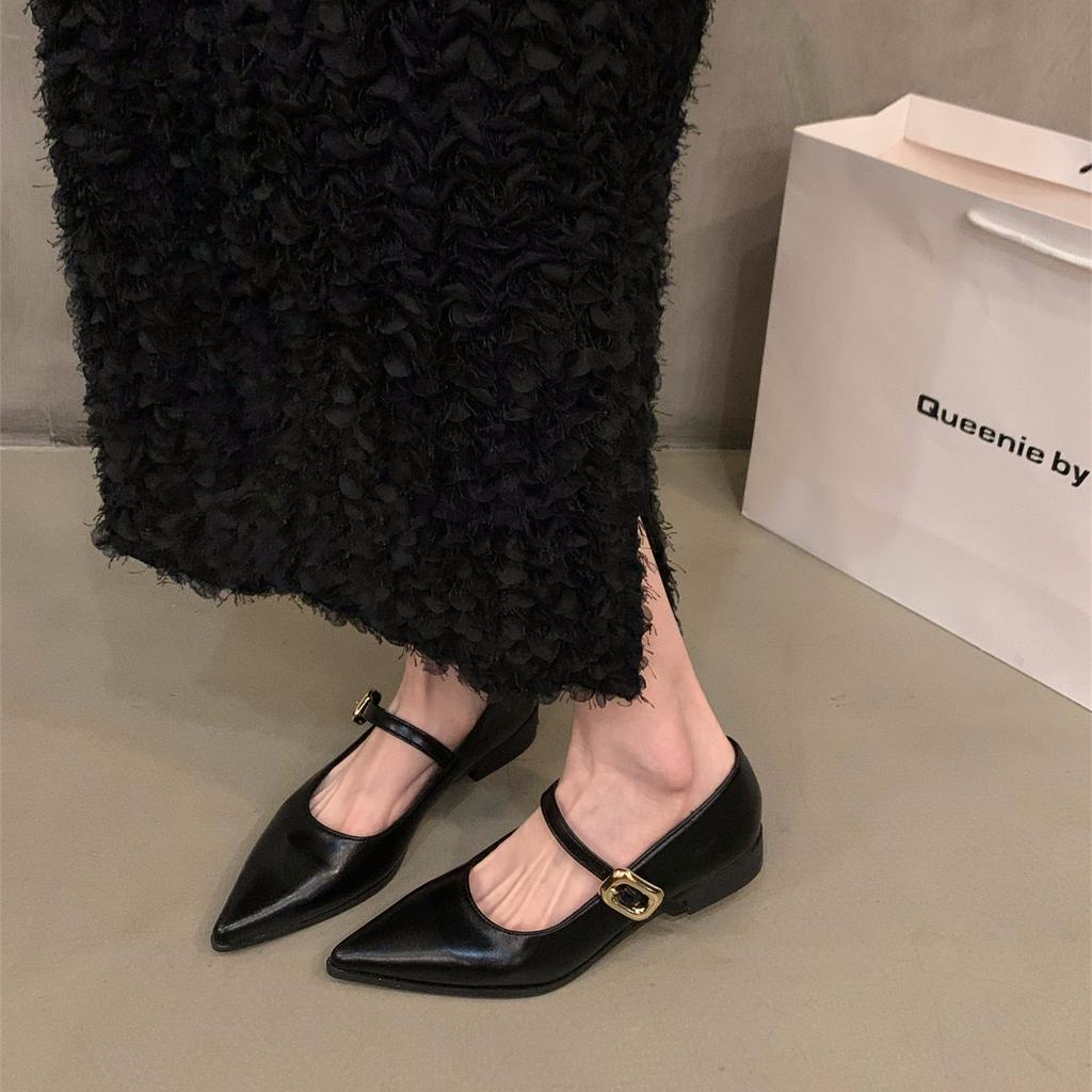 Low-heeled black temperament Mary Jane single shoes women's shoes 2025 new spring and autumn French flat-bottomed pointed evening shoes