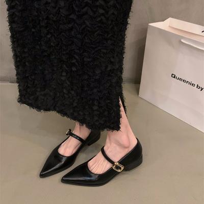 Low-heeled Black Temperament Mary Jane Single Shoes Women's Shoes 2025 New Spring and Autumn French Flat-bottomed Pointed Evening Shoes