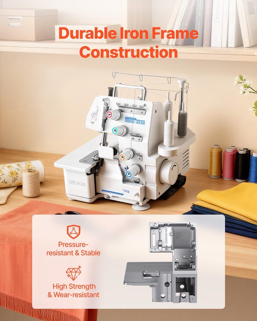 Serger Overlock Sewing Machine, 1250 Stitches Per Minute, 3 and 4 Thread Capability, with LED Light and Strong Suction Feet, Heavy-Duty Metal Frame