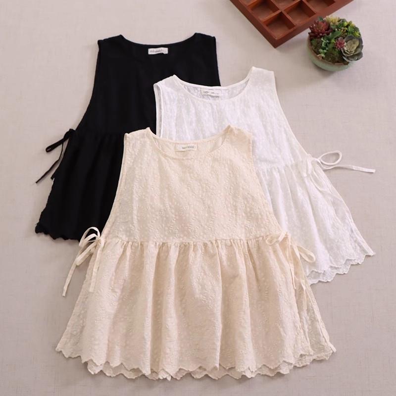 Sweet Mori Style Cotton Linen Embroidered Vest with Side Slit and Tie-Up Design