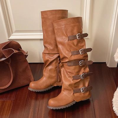 Mode Mode Hohe Stiefel Herbst Neu Runde Zehenpartie Metallgürtelschnalle Rutschfest Verschleißfest Niedriger Absatz Einzelstiefel