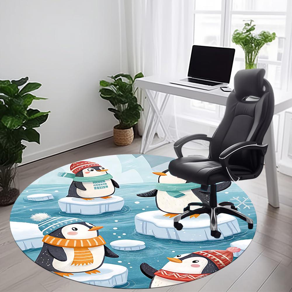 1PC Penguin Iceberg Pattern Office Round Area Rug, Indoor Mat Suitable For Office, Under Office Chairs Bedroom Living Room Home Decor, Room Deco 145