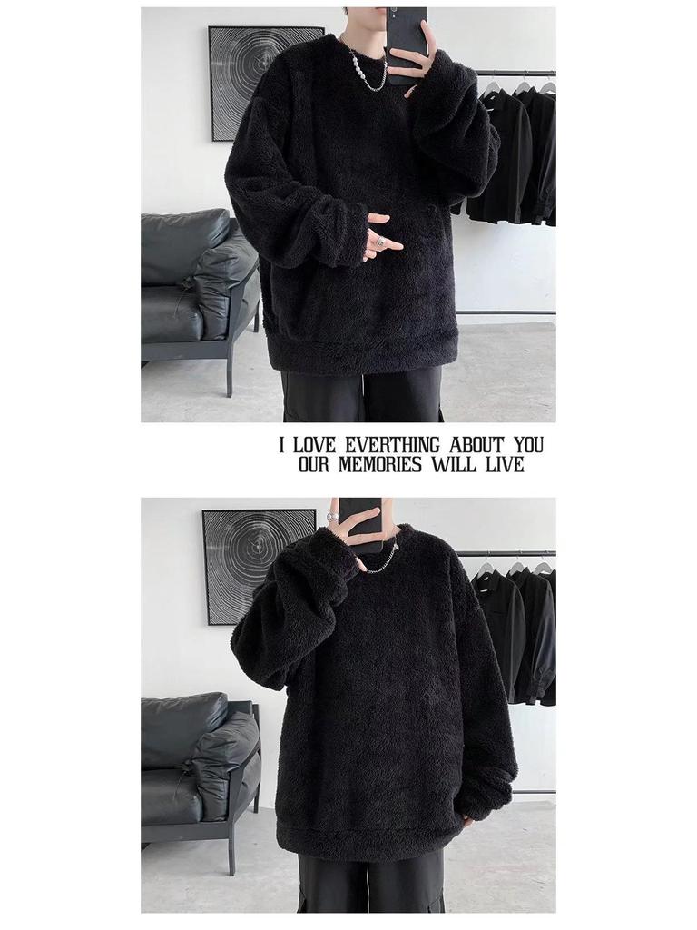 Hong Kong Style Men's Chic Lamb Wool Sweater: Trendy Loose Fit, Solid Color, Autumn/Winter, Plus Velvet Thick Jacket for Couples.