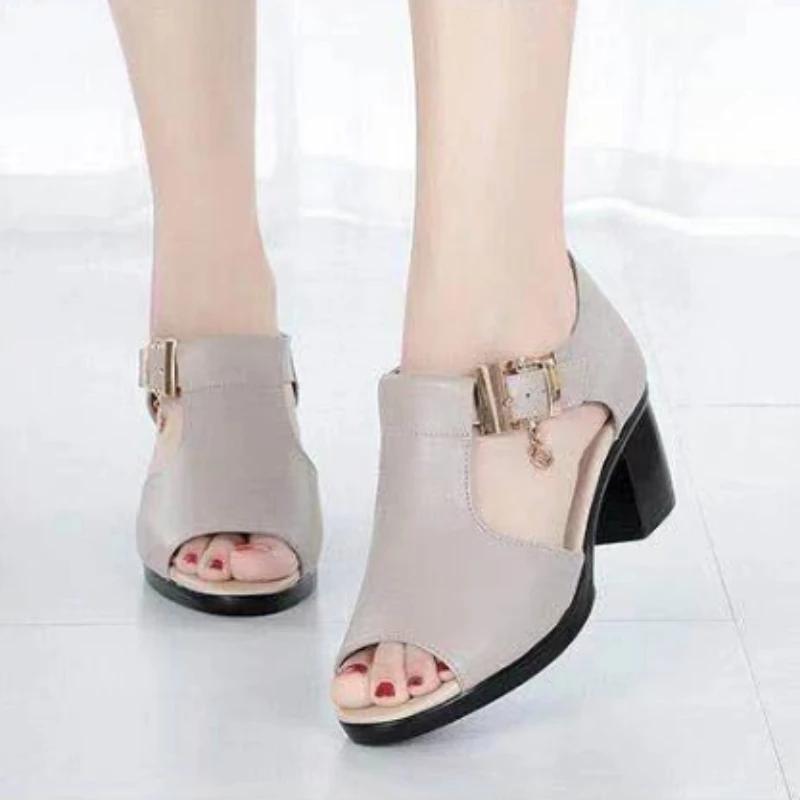 Ladies Shoes On Sale 2024 Brand One-word Buckle Women's Sandals Summer Solid Open Toe Chunky Heels Roman Fish Mouth Sandals