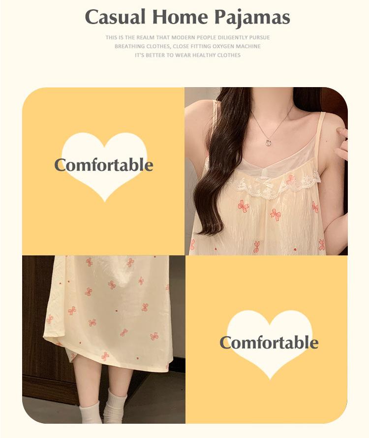 2026 Women's Cloud Cotton Spaghetti Strap Nightgown with Chest Pads, Sweet Long Dress for Home or Outdoors
