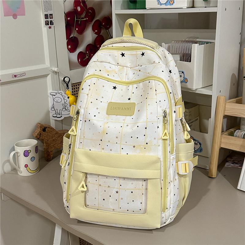 Cute Star Print School Backpack Lightweight Nylon Zipper Daypack with Clear Pocket for Teen Girls Daily Travel