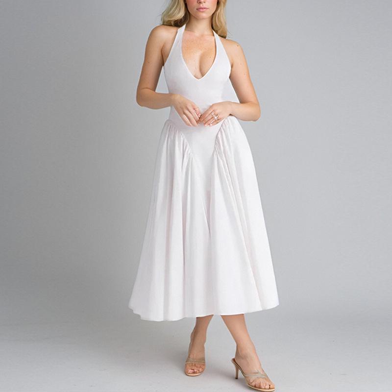 2026 Spring Women's Solid Color V-neck Halter High-waist Dress: Elegant & Sexy European/American Style