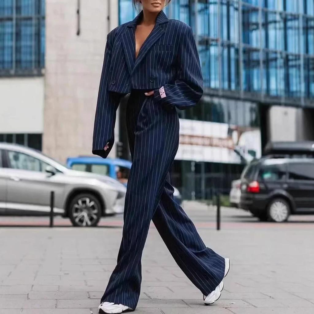 Elegant Women's Spring Autumn Long Sleeve Blazer And Wide Leg Pants Set Striped Office Chic 2-Piece Outfit for Ladies Clothing