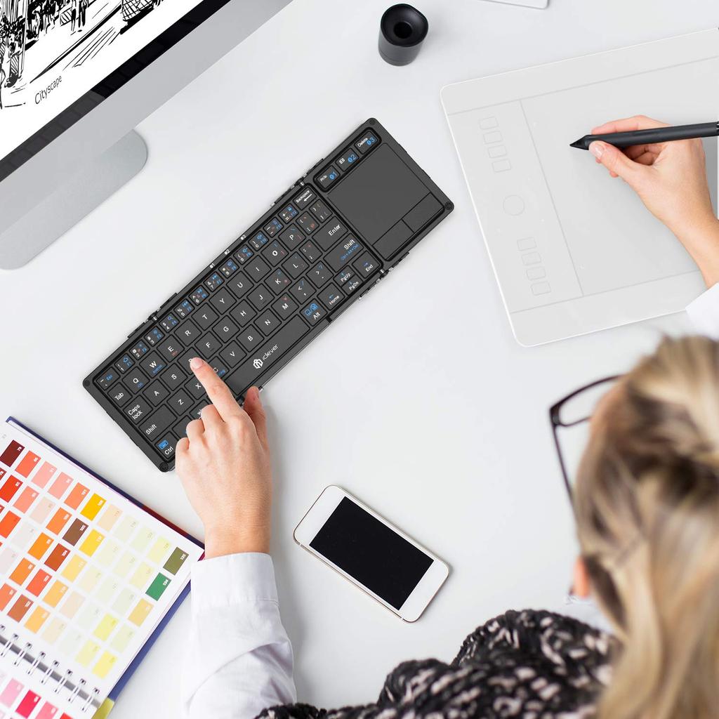 iClever Foldable Keyboard, Bluetooth, USB, Touchpad, Switches Between 3 Devices Simultaneously, Stand, Mini Keyboard, Aluminum, Compatible with