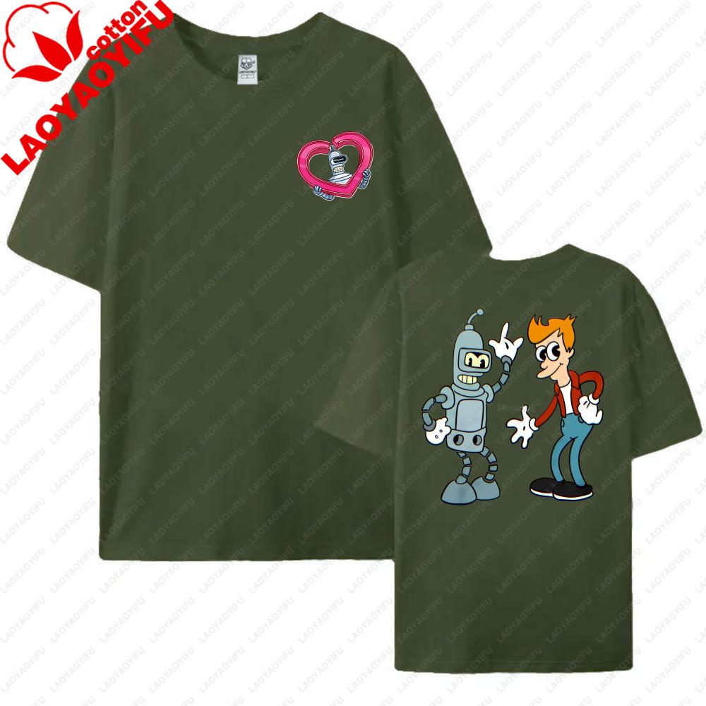 Funny Futurama Tees Robot and Boy Cartoon Design Unisex Cotton TShirt Casual Summer Wear Trendy Graphic Tee for Unisex Women