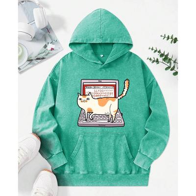 Katzen laufen auf Computertastaturen Drucke Gewaschene Hoodies Damen Baumwolle Mode Kleidung Herbst Lockerer Kapuzenpullover
