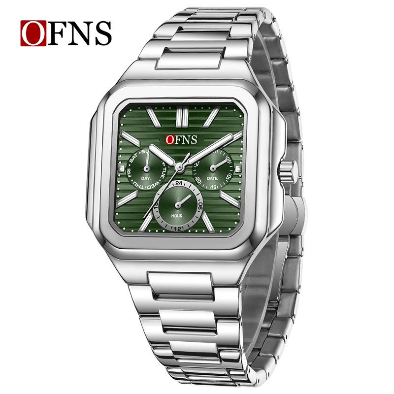 OFNS Six-Hand Men's Square Quartz Watch: Luminous, Day-Date, 30M Waterproof, Silicone Steel Band, Hot Seller