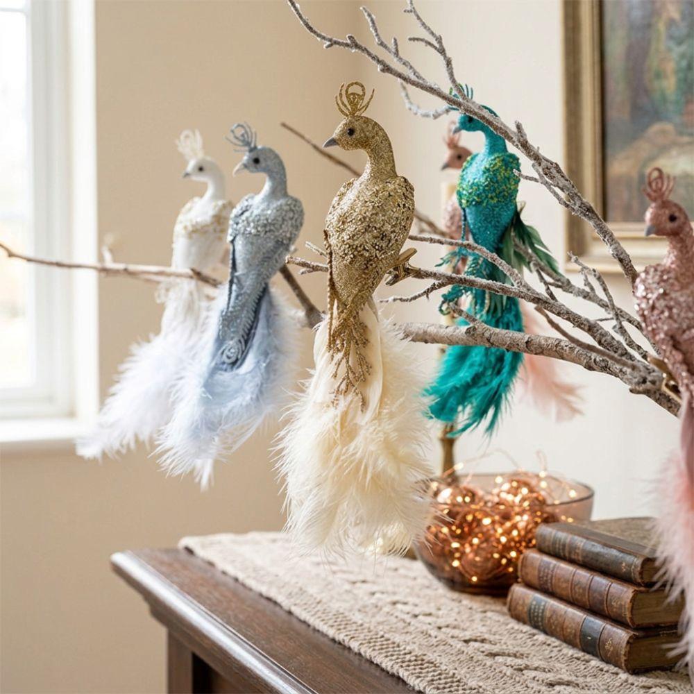 Built-In Clip Feather Bird Hanging Pendant Long Tail Xmas Glitter Peacock Decor Home Decor