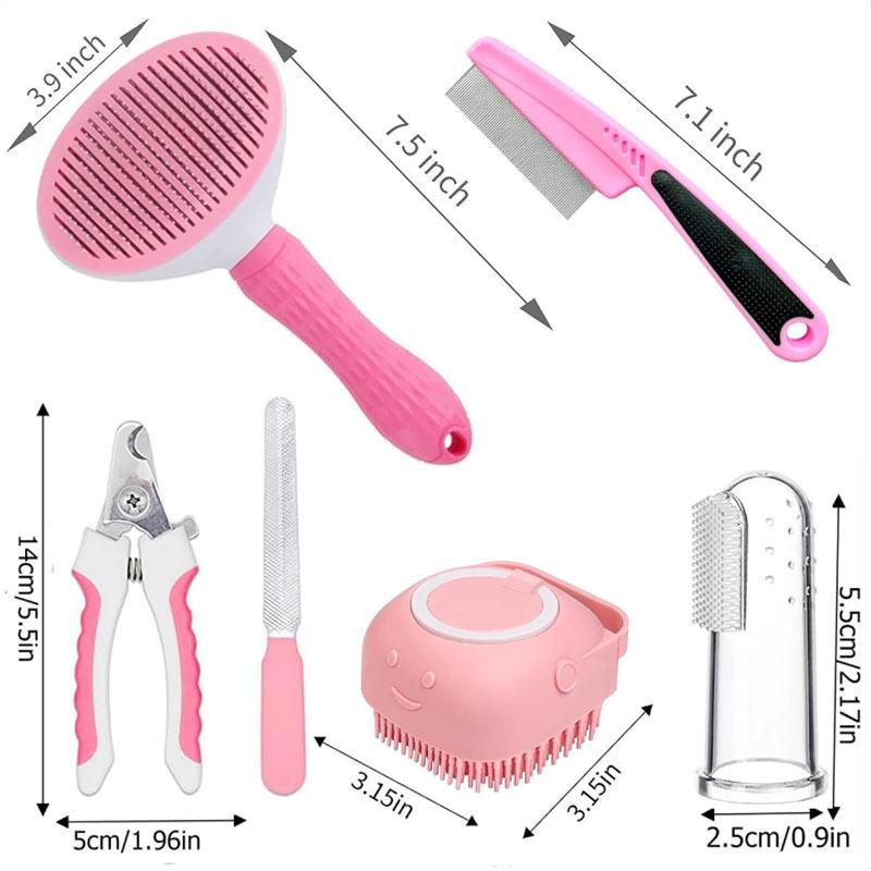10-piece Cat and Dog Brush Beauty Set, Self-cleaning Rake Brush, Nail Clipper, Flea Comb, Bath Brush, Finger Cots