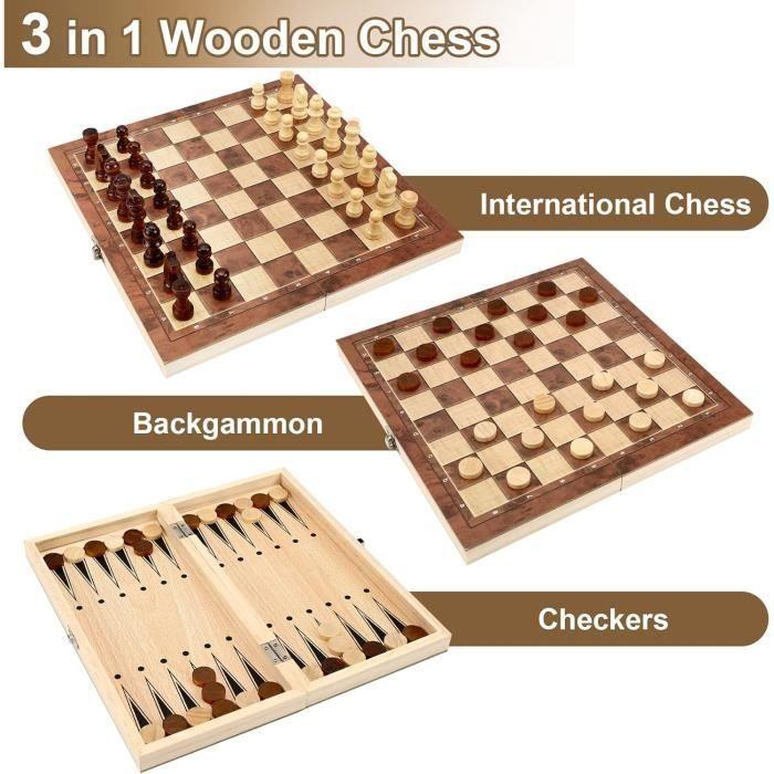 Jeu D'échecs,3 En 1 Echecs En Bois Échecs Dames Jacquet,Pliable Portable Ensemble D'échiquier,Chess Board Pour Enfants Adultes Fê