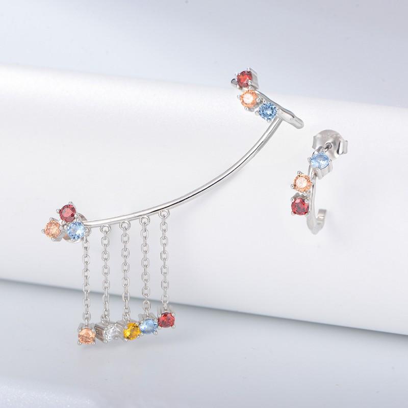 Asymmetrical Colorful Zircon Tassel Earrings Women Sterling Geometric Stud Drop 925 Sterling Silver
