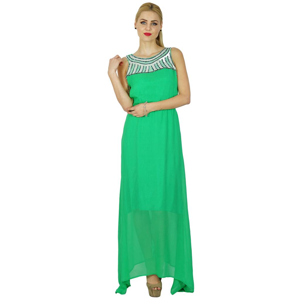 Bimba Women Long Green Maxi Half Lined Dress Hand Beaded Neck Sleeveless