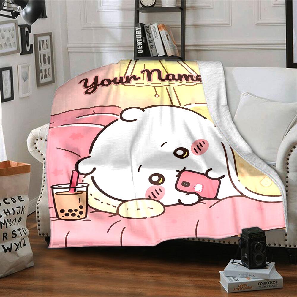 1pc Chiikawa Blanket with Custom Name, Gift, for Men and Women, Soft Blanket, Good for Sofa Bed Couch Travel, Lightweight Flannel Blanket