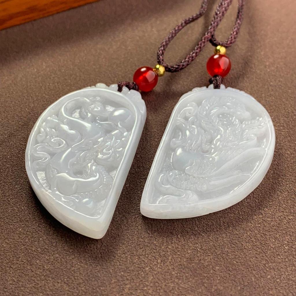 A-Grade Heart-Shaped Dragon & Phoenix Jade Pendant Pair - Ideal for Valentine's, Qixi, Engagement, or Wedding Gift