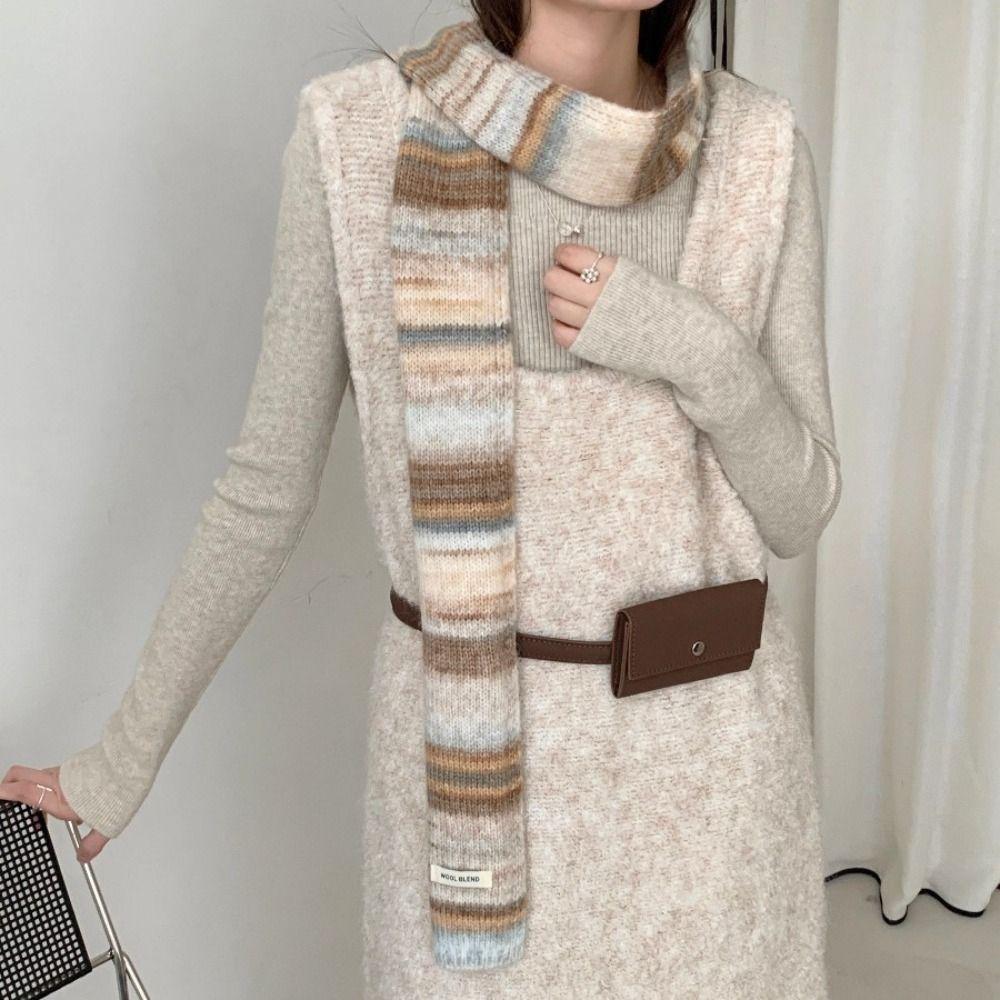 Korean Style Cashmere Knitted Scarf Plush Winter Shawl Fashion Rainbow Striped Scarf  Student