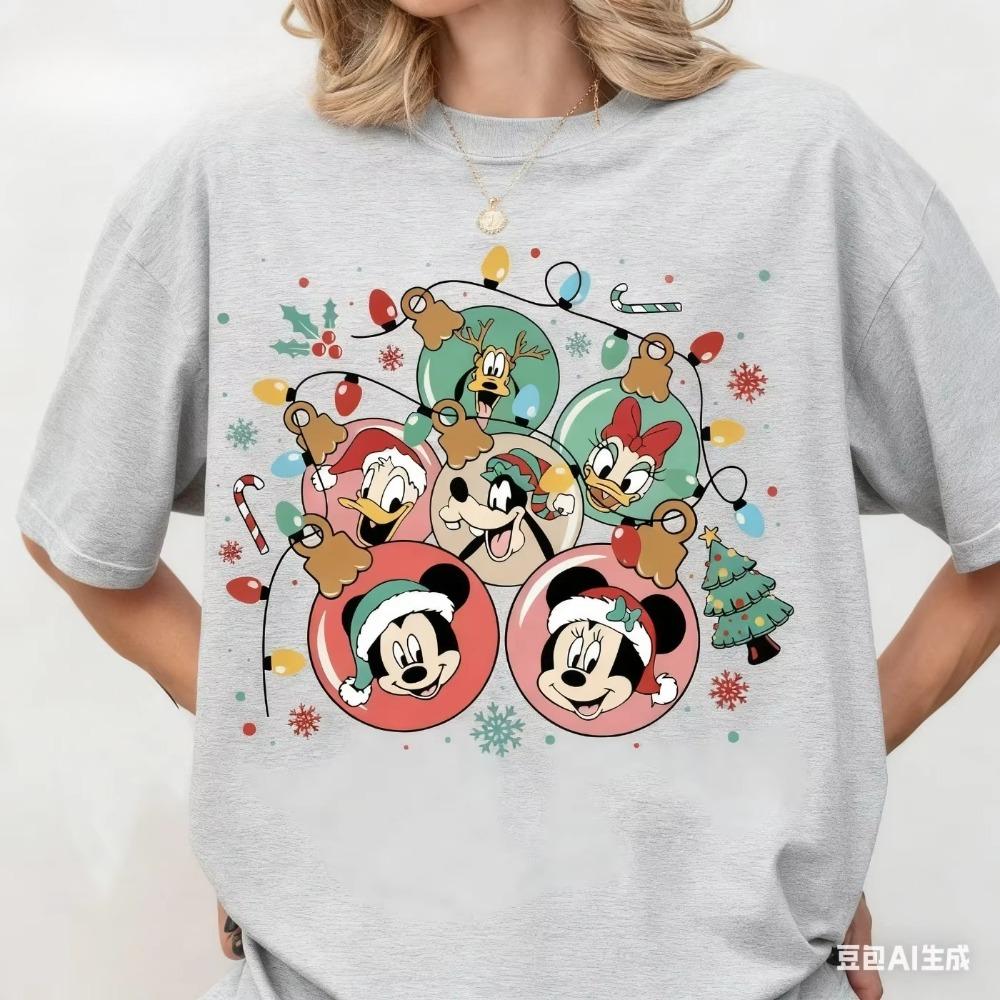 Disney 2025 Christmas Mickey Mouse Summer TShirt Casual Unisex LooseFit ShortSleeve Top Y2K Women Clothes Comfortable Cotton